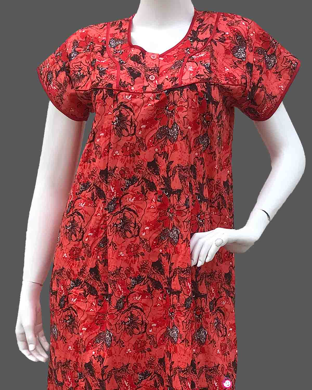 Maternity overall floral printed half sleeve nighty with side zip - Pastel Red