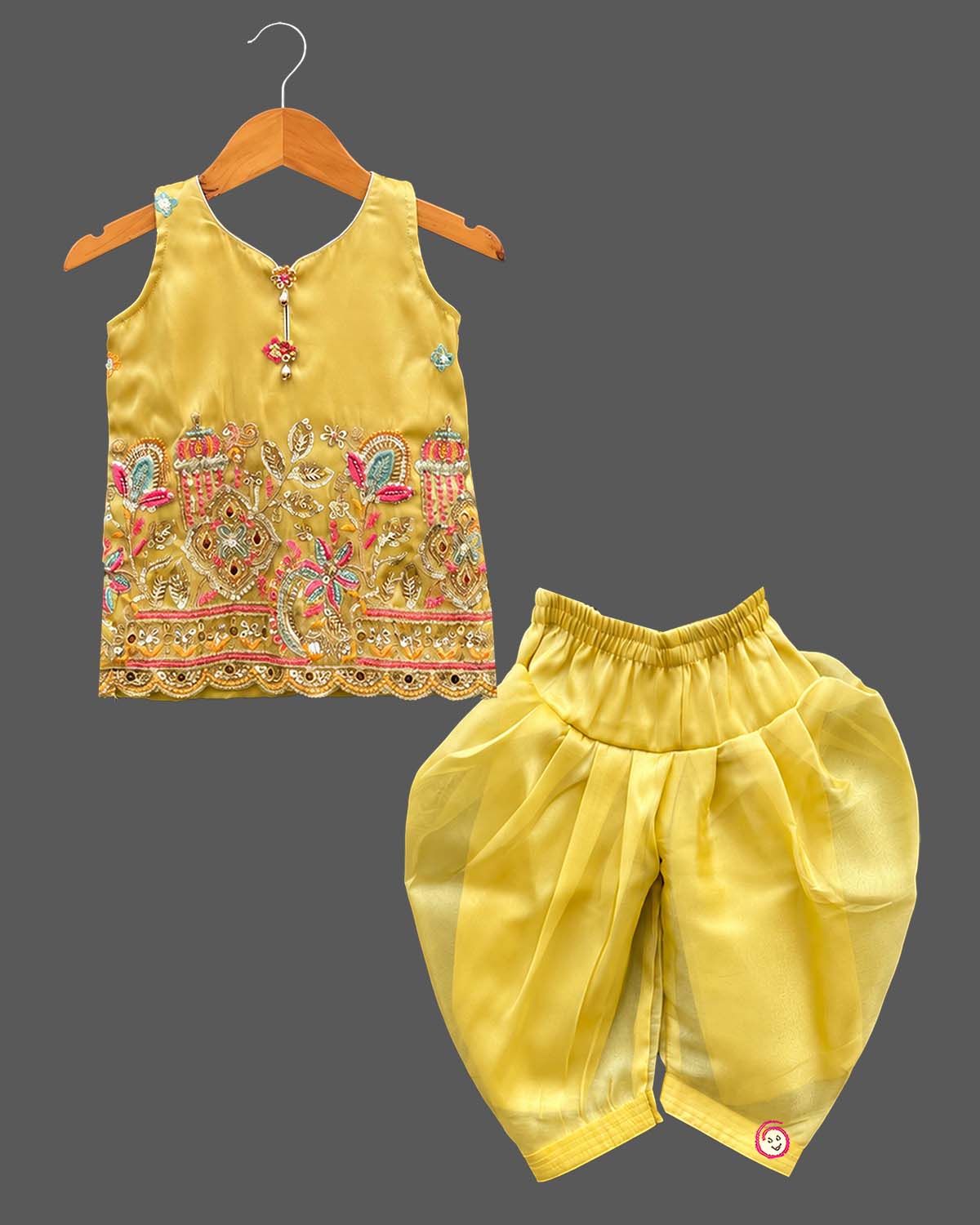Kids dhoti kurta set for girls with mirror work embroidered sleeveless top and pleated organza dhoti pants