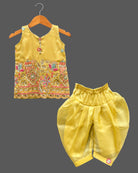 Kids dhoti kurta set for girls with mirror work embroidered sleeveless top and pleated organza dhoti pants