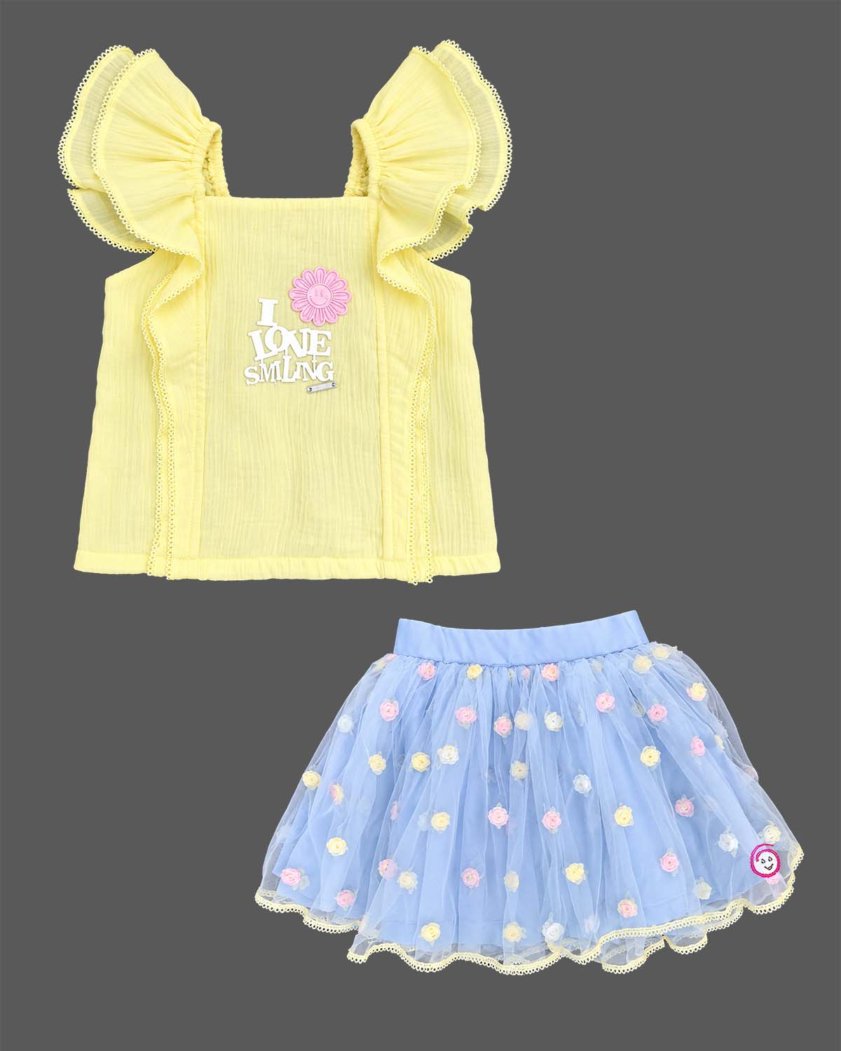 girls top and skirt set with flutter sleeves and floral net tutu skirt for birthday party wear