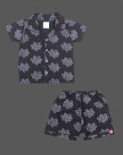 Infant boys floral motif short sleeve button shirt paired with matching elastic waist shorts