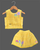 Toddler yellow cotton schiffli top and skirt set with floral appliques