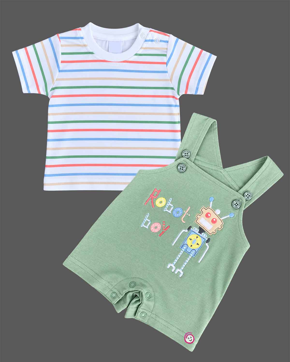 Baby boy striped t-shirt and green robot dungaree romper baby clothes set