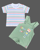 Baby boy striped t-shirt and green robot dungaree romper baby clothes set