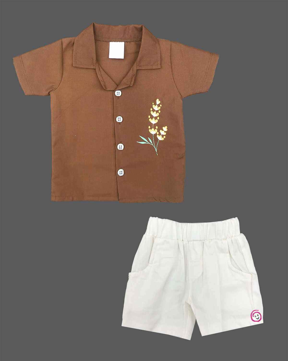 Infant casual outfit with button-down shirt and elastic waistband shorts for play.