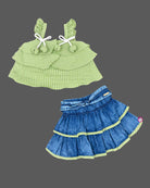 Tiered striped top and denim skirt set as a baby party wear dress for toddlers