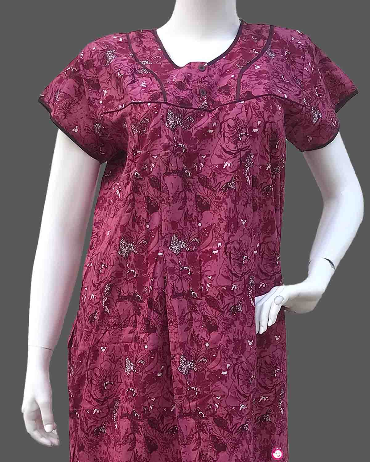 Maternity overall floral printed half sleeve nighty with side zip - Rose Pink