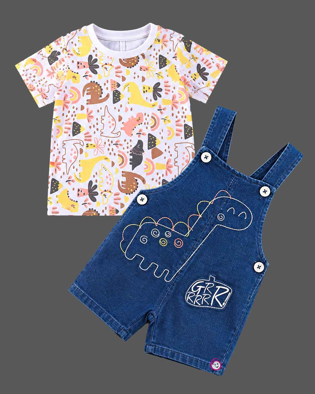 dungaree set for boys featuring dinosaur embroidery and graphic tee