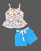 Girls strappy printed peplum top with front buttons paired with elastic waist cargo shorts and matching tie belt.