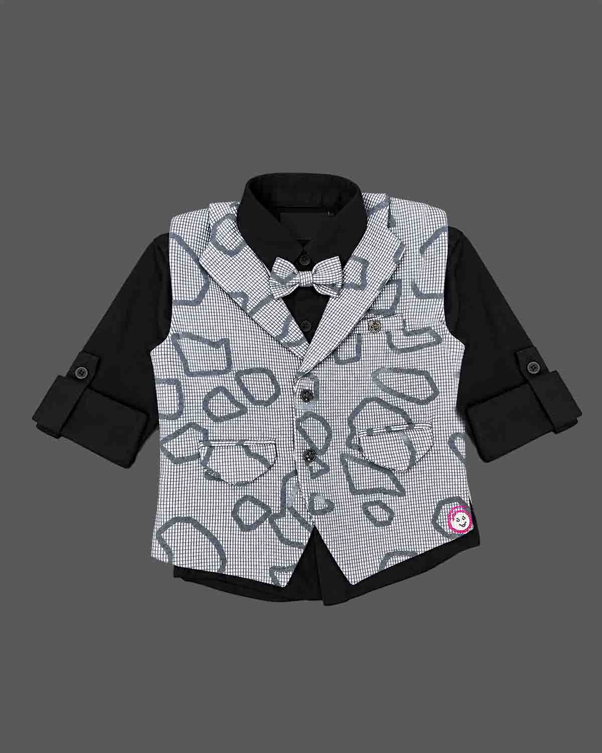 charming champ printed waistcoat suit with shirt bow tie and pant for boys party wear