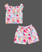 Toddler floral schiffli top set with flutter sleeves and matching shorts for baby party wear dress outings.