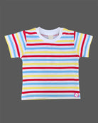 Trendy young prince multi striped tee with embroidered train bib shorts for casual outings