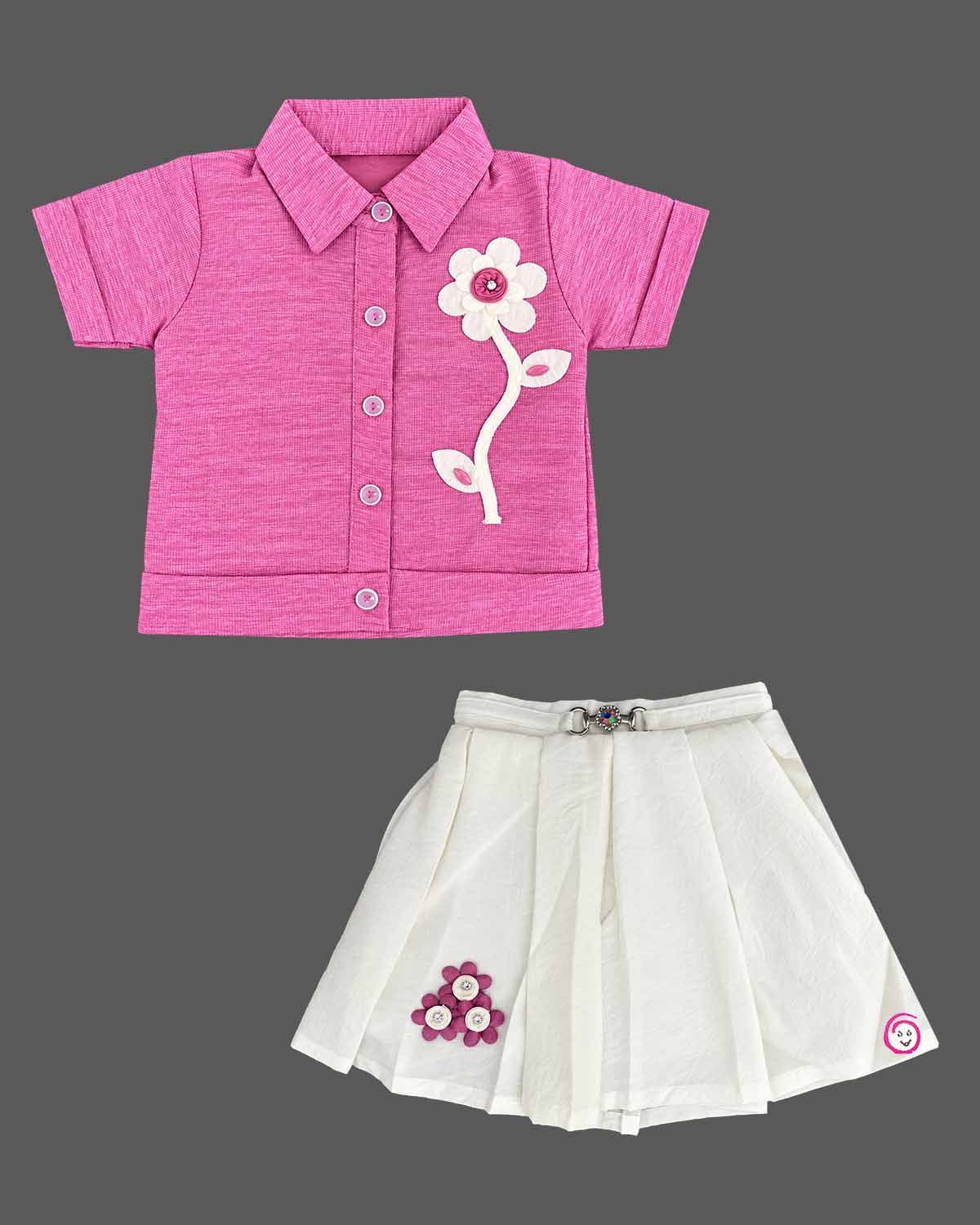 Collared button-front top and box-pleated skirt set with floral applique baby party wear dress.