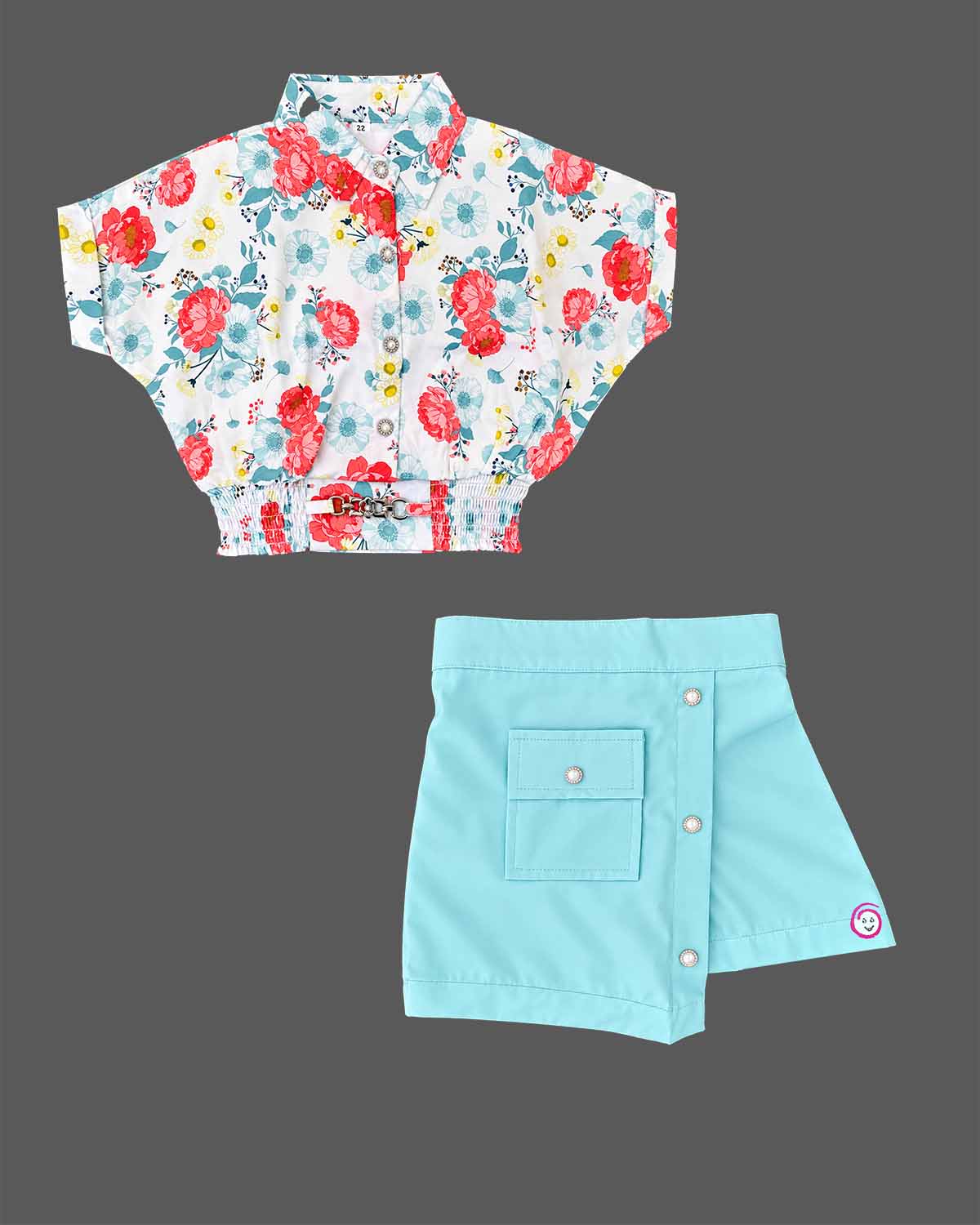 Floral short sleeve shirt and asymmetrical skort baby party wear dress with front pocket