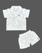 White safari animal doodle print baby boy top and shorts set for summer vacations, playdates, and park outings