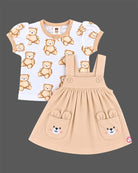 Infant pinafore dress set with printed short sleeve top and cute bear pocket dress for infant daily wear