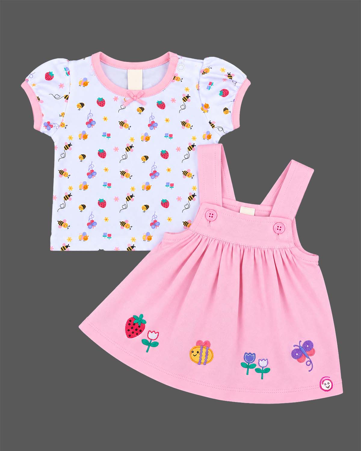 Toddler pinafore dress with cap sleeve printed t-shirt set for casual wear