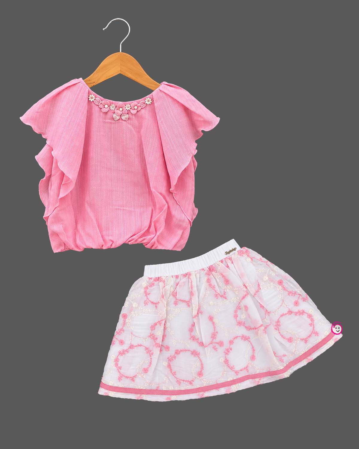 Flutter sleeve top with embroidered net skirt baby party wear dress features