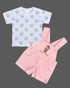 Baby clothes set featuring printed t-shirt and dungaree shorts with bear patch for toddler boys