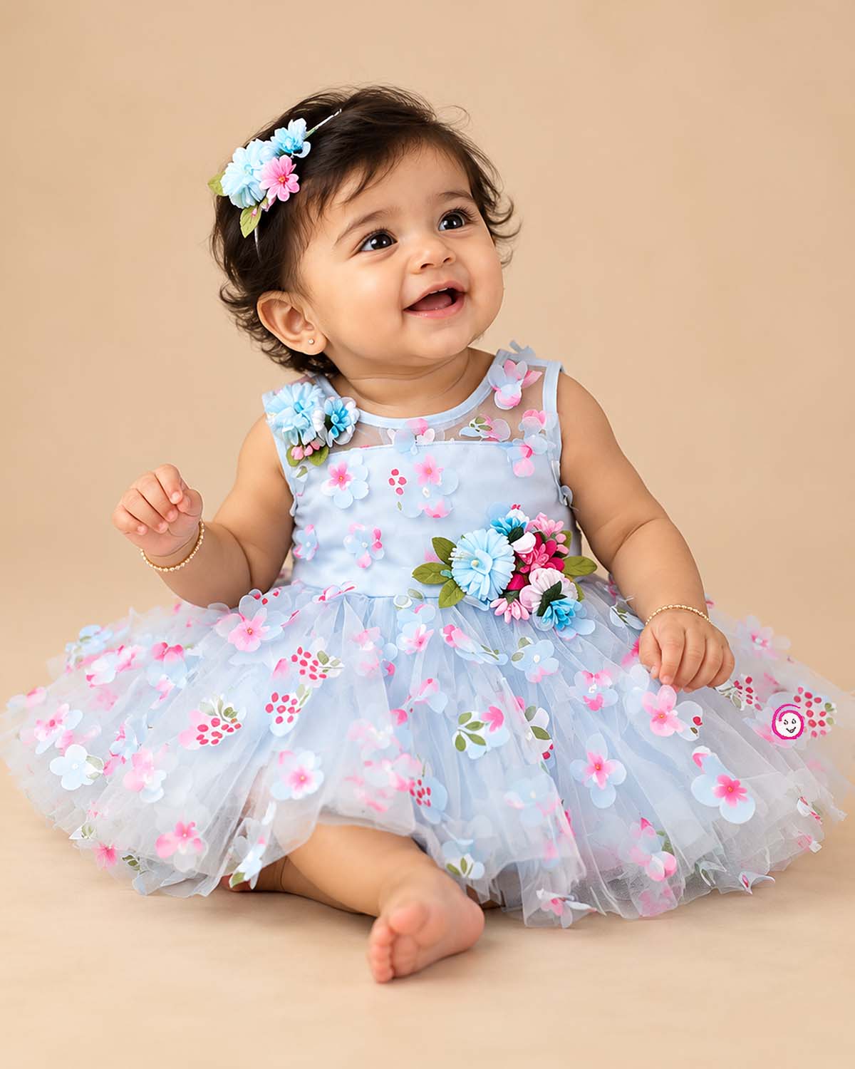 Floral appliqué tulle baby party wear dress with layered net skirt and illusion neckline