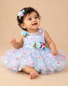 Floral appliqué tulle baby party wear dress with layered net skirt and illusion neckline