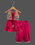 Pink girls kids indo western set with printed jacket, dhoti pants, and dupatta