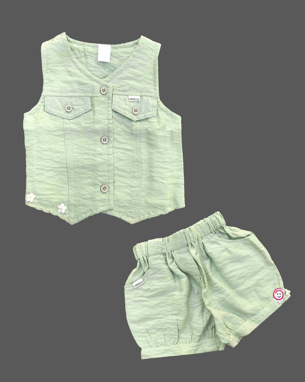 Baby girl slub textured button waist coat top with matching elastic shorts set
