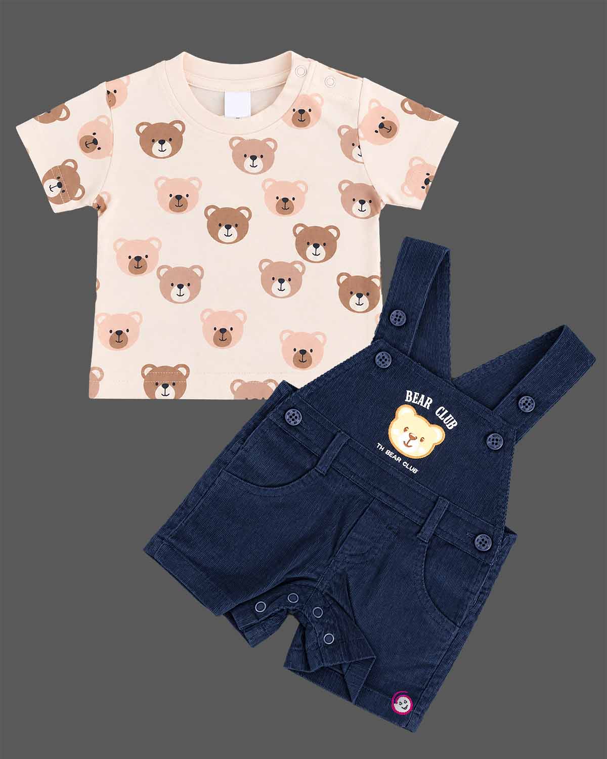 Toddler boys baby clothes set with teddy print t-shirt and navy blue dungaree shorts