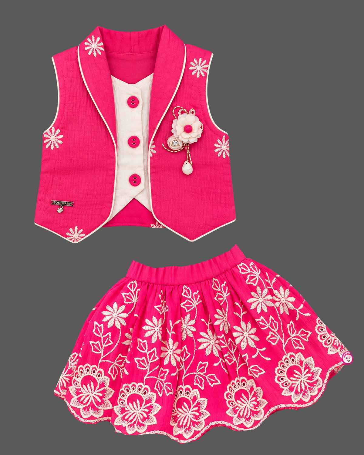 Toddler girl embroidered crop top and pleated skirt set featuring floral threadwork and structured vest layer
