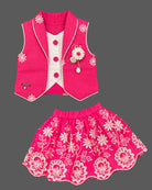 Toddler girl embroidered crop top and pleated skirt set featuring floral threadwork and structured vest layer