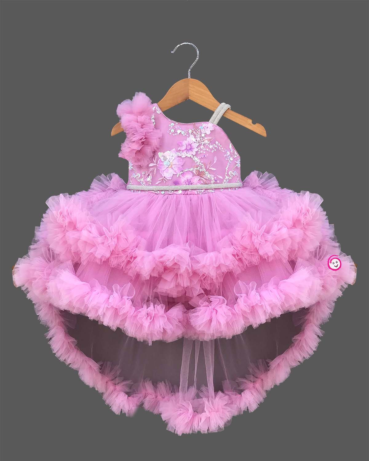 Baby girl designer high low tail frock with tiered net ruffles and sequin embroidery