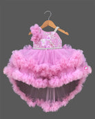 Baby girl designer high low tail frock with tiered net ruffles and sequin embroidery