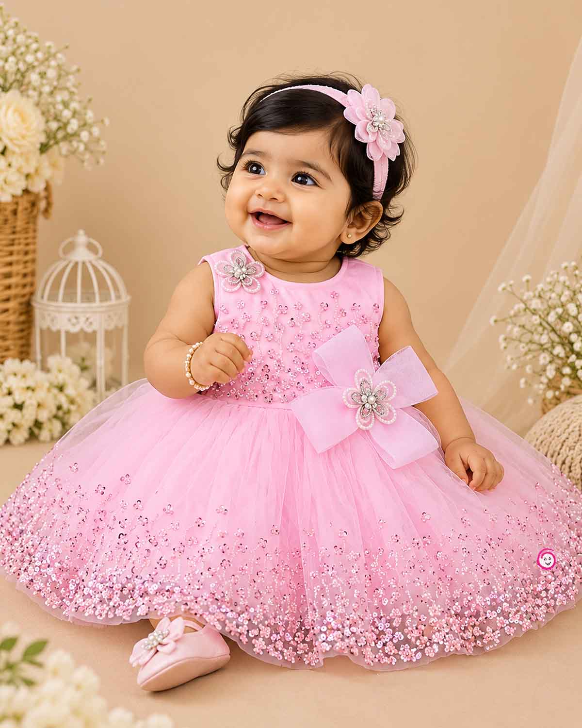 Girls sleeveless tulle party frock with sequined bodice embroidery, pearl flower applique bow, and flared net skirt