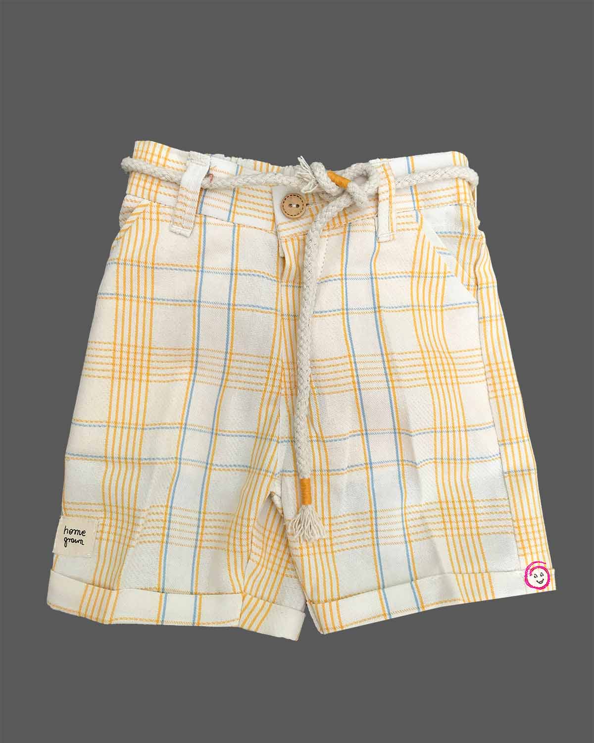 Stylish casual two-piece co-ord set for toddler boys featuring a check-patterned Cuban collar short-sleeve shirt with chest embroidery paired with matching shorts and a rope belt.
