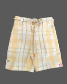 Stylish casual two-piece co-ord set for toddler boys featuring a check-patterned Cuban collar short-sleeve shirt with chest embroidery paired with matching shorts and a rope belt.