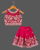 Lehenga choli for kids with beaded floral yoke, sleeveless round neck choli and pleated skirt with tassel tie
