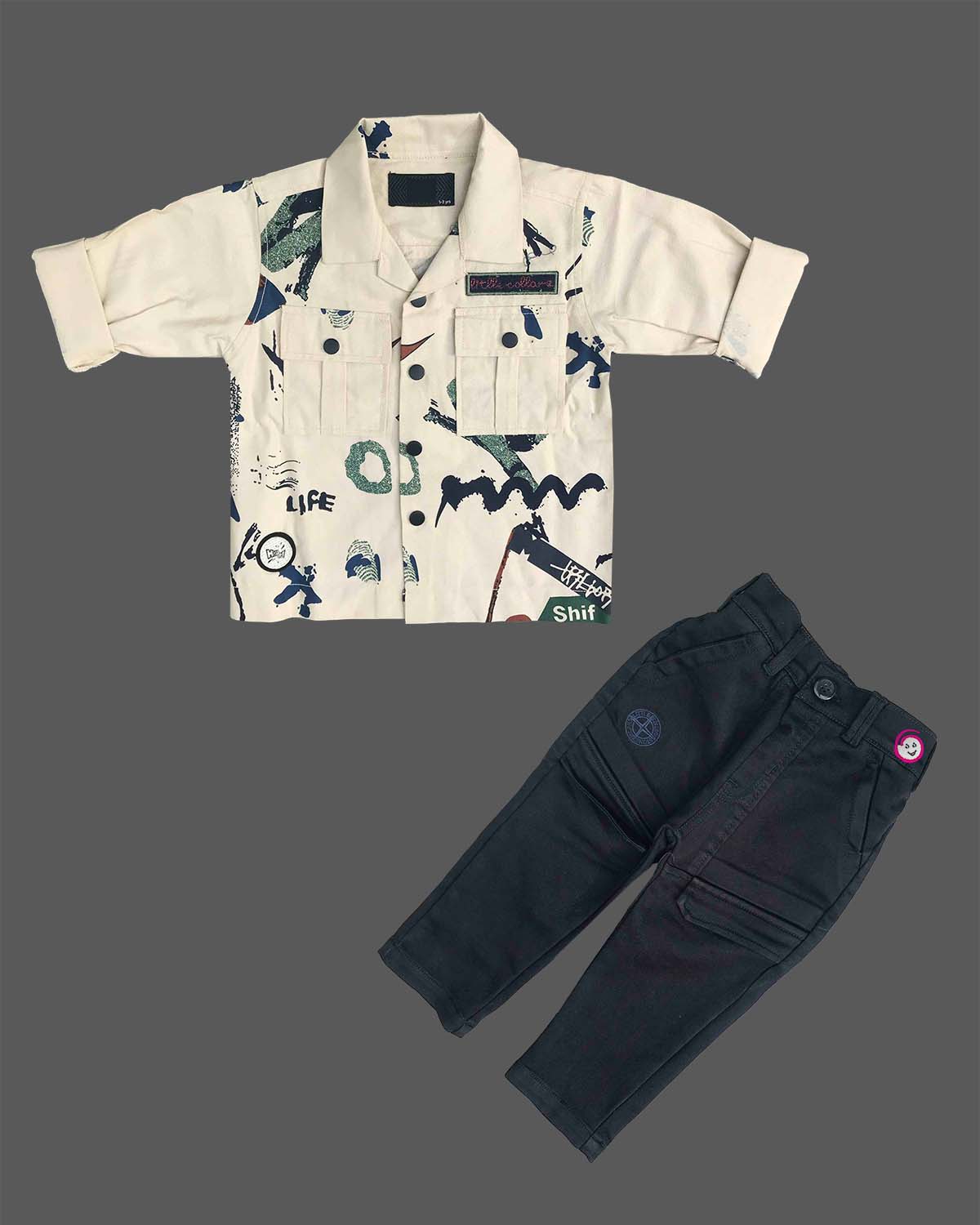 little gentleman abstract print shirt and pants set for boys party wear