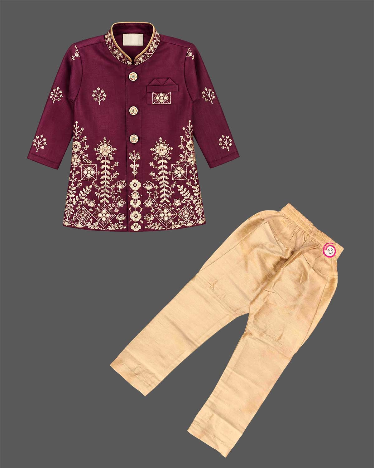 Maroon embroidered boy sherwani with gold pyjama for wedding and festive party