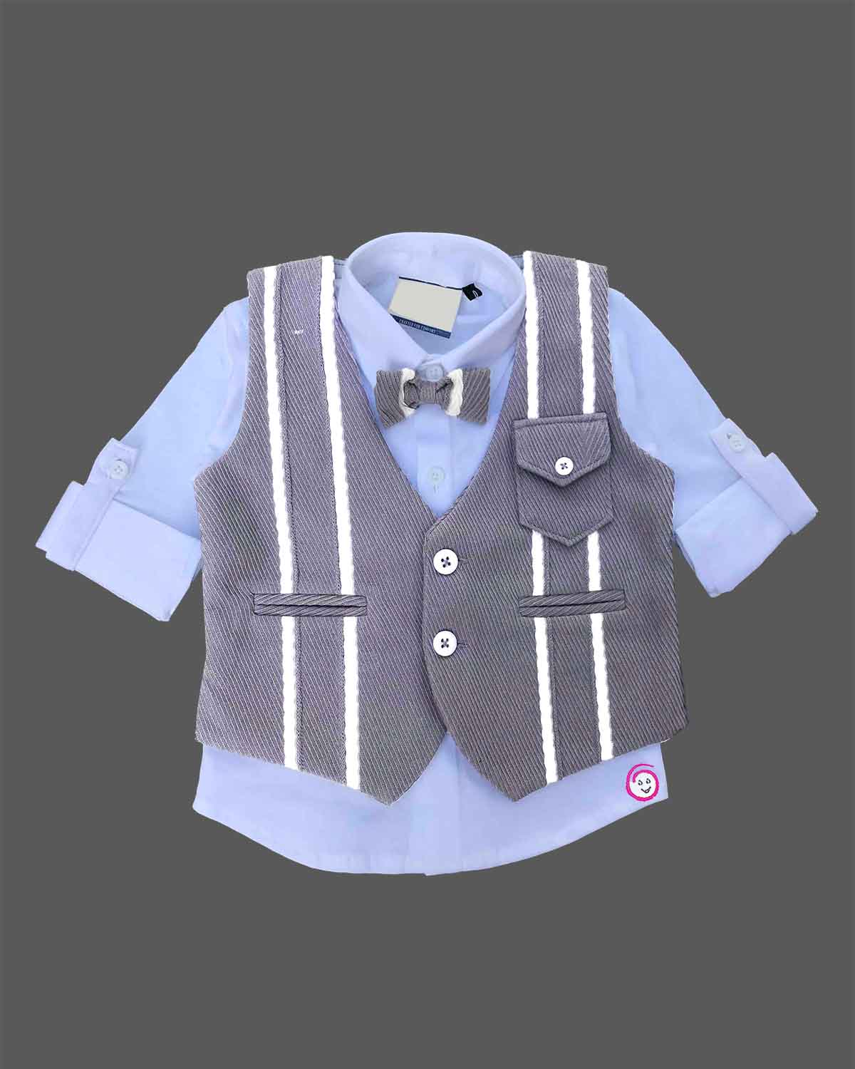 Grey striped waistcoat suit set with light blue shirt and bow tie for boys