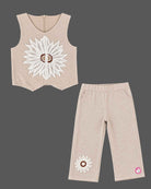 Kids party wear vest top and trouser set featuring crochet floral applique and back zipper closure.