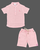 Textured collar shirt and shorts set styled as baby boy western wear with embroidered chest motif.