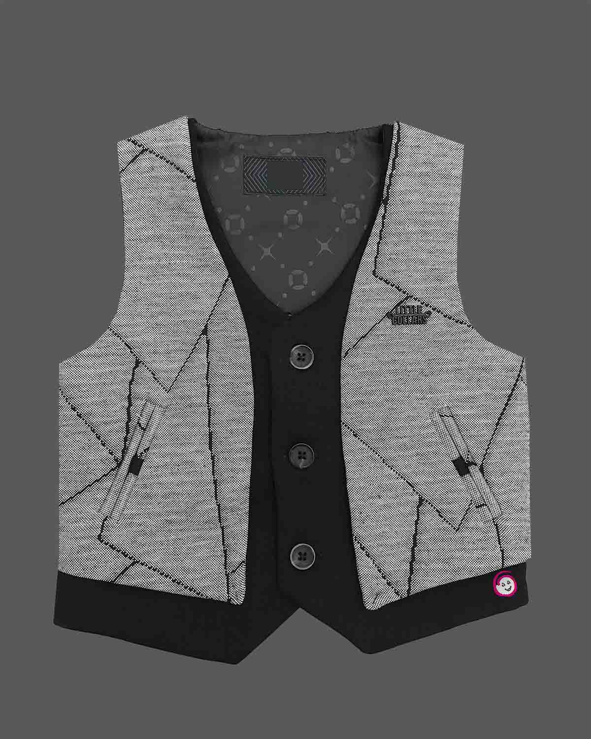Dapper three-piece party suit for little gentleman featuring a patterned jacquard waistcoat, collared shirt with bow tie, and matching tailored pant.