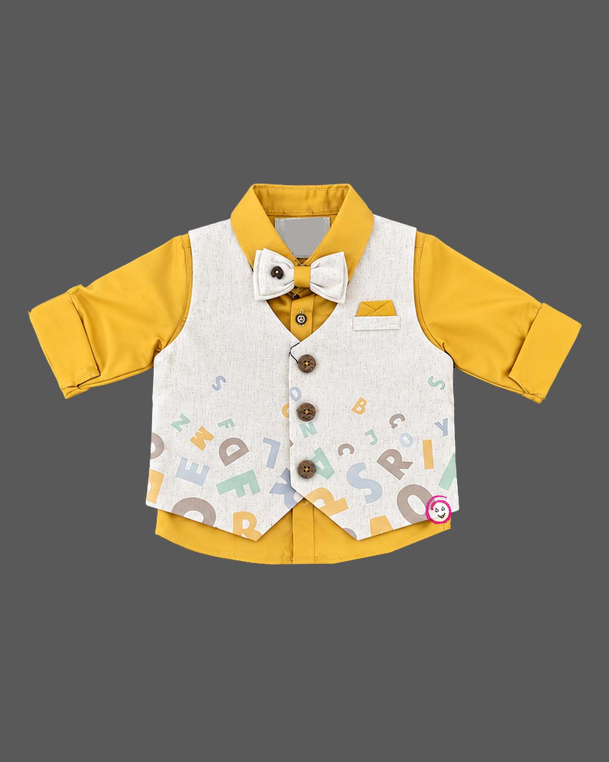 Baby boy letter print waistcoat set featuring bow tie, shirt, and pant for celebration wear.