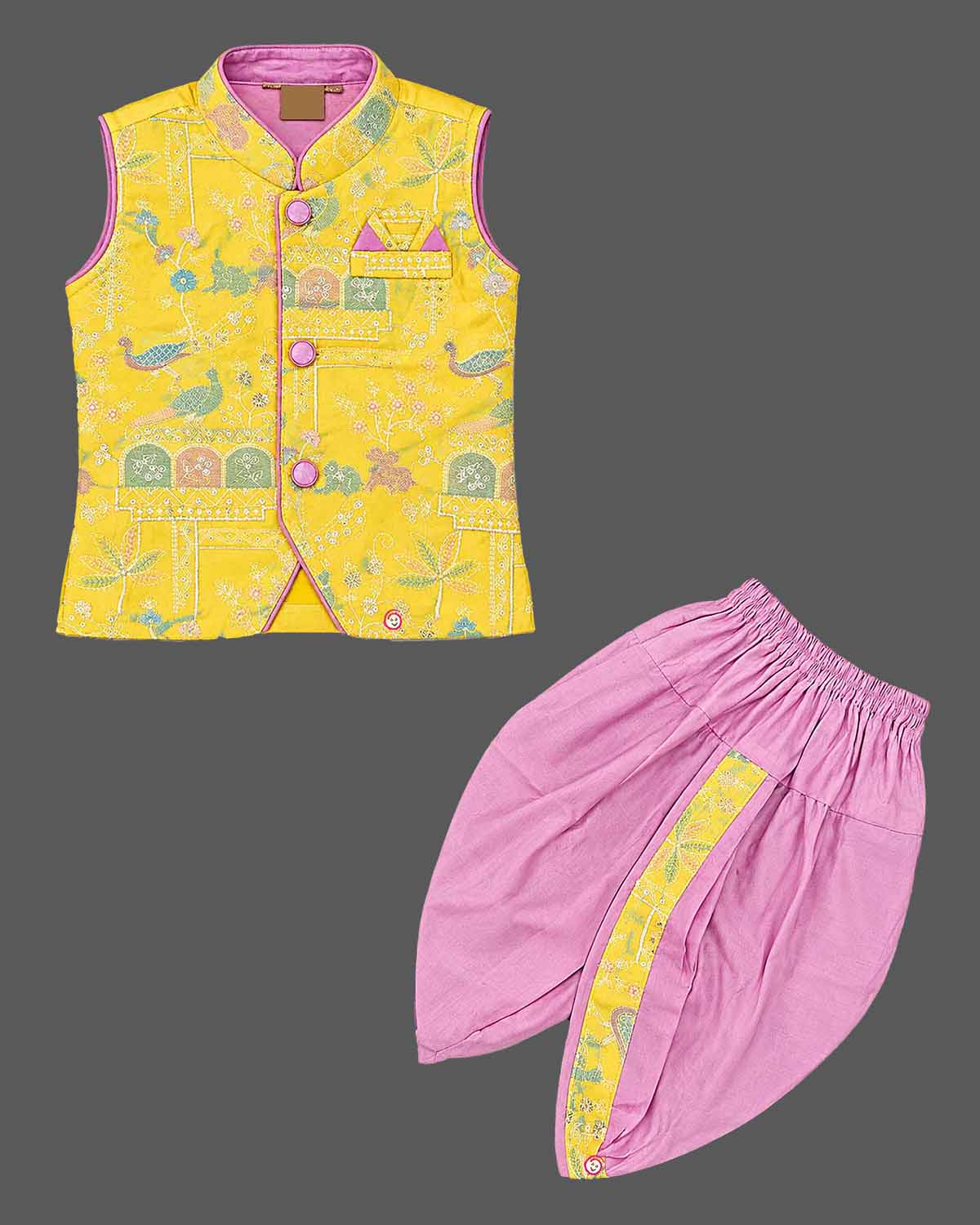 Boys printed Nehru jacket and dhoti set featuring Mandarin collar, button closure, and pocket square detail.