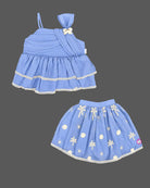 Baby party wear dress featuring a layered pleated top and embroidered flared skirt set with lace trim.