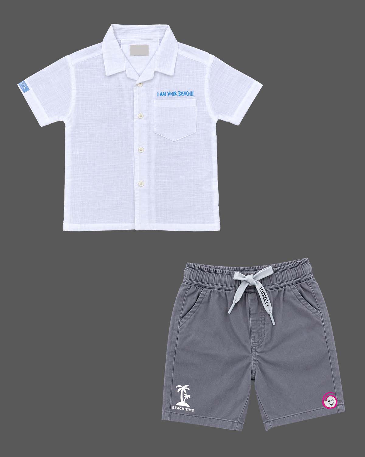 Button down shirt and shorts set styled as western dress for boys with chest embroidery.