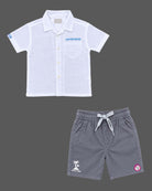 Button down shirt and shorts set styled as western dress for boys with chest embroidery.