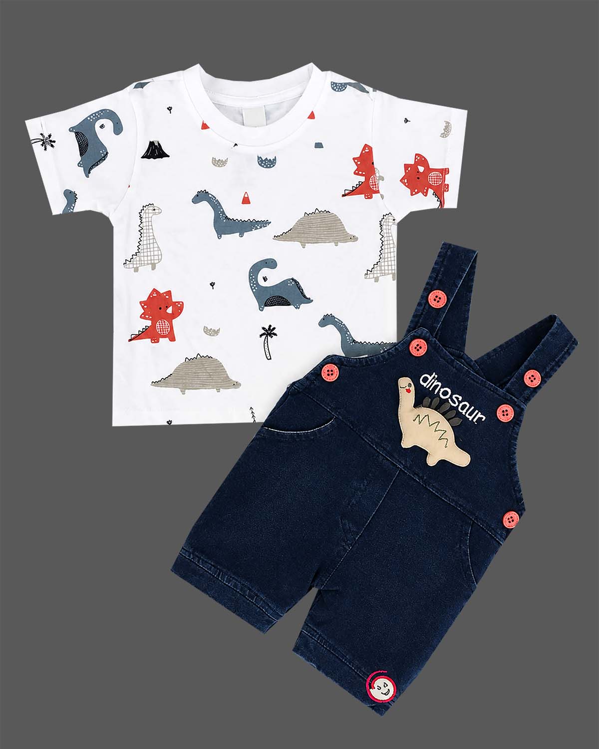 Trendy little gentleman dinosaur printed tee with embroidered denim bib shorts set for kids