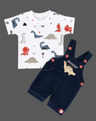 Trendy little gentleman dinosaur printed tee with embroidered denim bib shorts set for kids