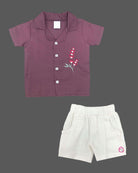 Young boy embroidered shirt and tailored shorts set featuring delicate motif details for casual wear.
